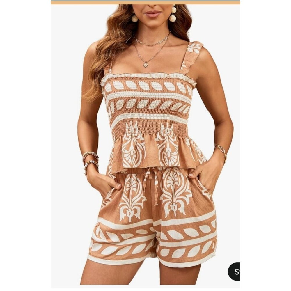 Women's Floral 2 Piece Summer Beach Set Boho Stretchy Top and Shorts Sz XL New